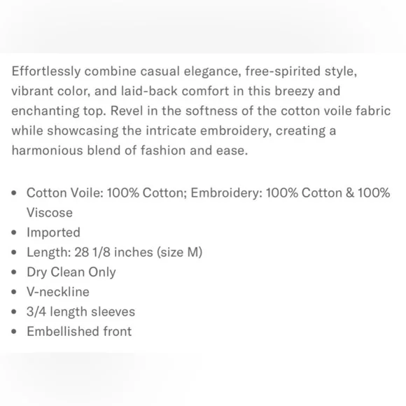 Karen Kane 💯 cotton voile tunic top. Embroidery.3/4 length sleeves. Size M. - Picture 4 of 5